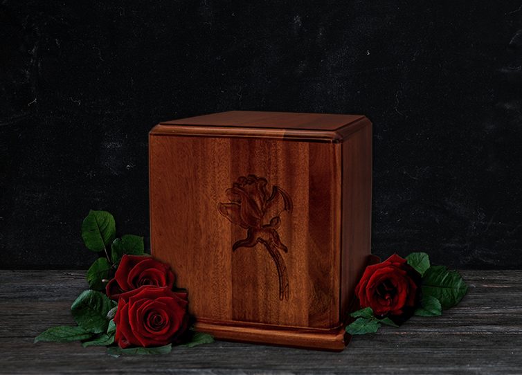 Mahogany wood rose cremation urn